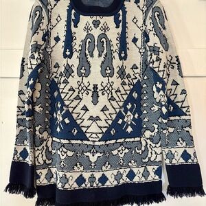 Tory Burch Lisbon Jacquard Tapestry wool sweater in Malibu Blue